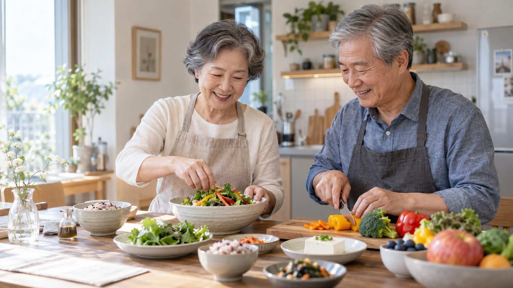 밝은 주방에서 건강한 식사를 함께 준비하며 웃는 시니어 부부